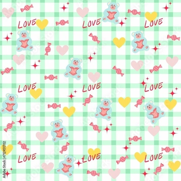 Obraz cute cartoon hearts seamless pattern. Seamless pattern with hearts and ribbons on a white checkered background.