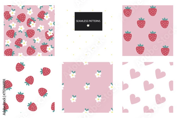 Fototapeta A collection of 6 sweet basic shabby chic patterns. Seamless texture with strawberries, hearts, flowers. Texture for fabrics, paper, wallpapers in shabby chic style, simple strawberries. Flat style.