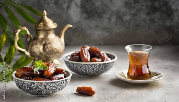 Fototapeta Dates in ornate bowls, a vintage teapot, and a glass of tea, capturing the essence of Ramadan.