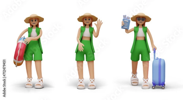 Fototapeta Tourist in green clothes and sun hat. Female vector character in different poses and with accessories. 3D templates for creative design of travel applications and websites