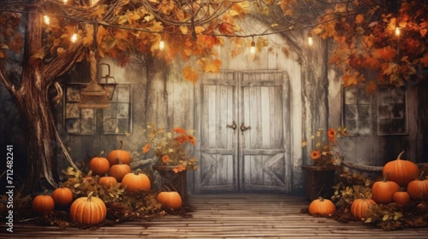 Fototapeta Embrace the cozy allure of fall with this captivating image featuring a rusted wooden backdrop beautifully complemented by the warmth of rustic pumpkins