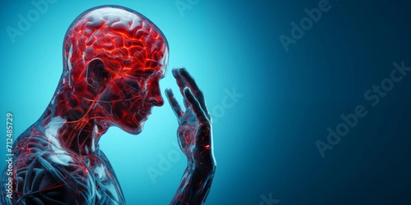 Fototapeta Human head, hands touching brain. Brain activity, injury, pain, headache, illness or sickness, meditation, thinking conceptual