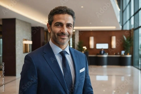 Fototapeta portrait of middle age middle eastern businessman in modern hotel lobby