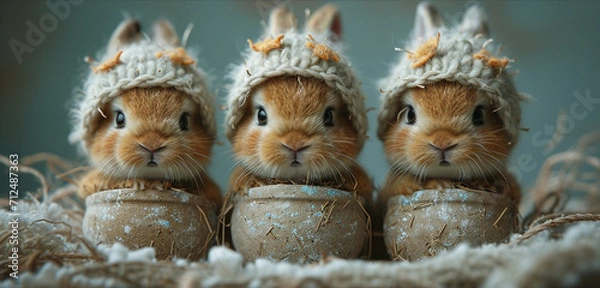 Obraz Three cute little rabbits in hats - Easter card