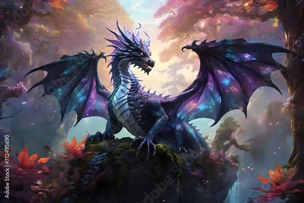 Obraz A wing spread  dragon in fantasy landscape