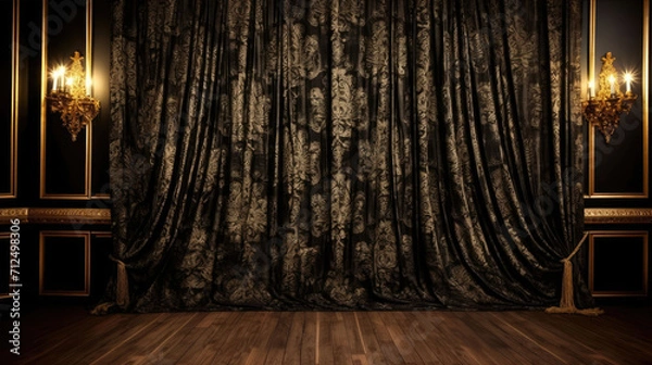 Fototapeta Dark theme photography studio backdrop with vintage chair and sofa, perfect for professional portrait and product shoots.