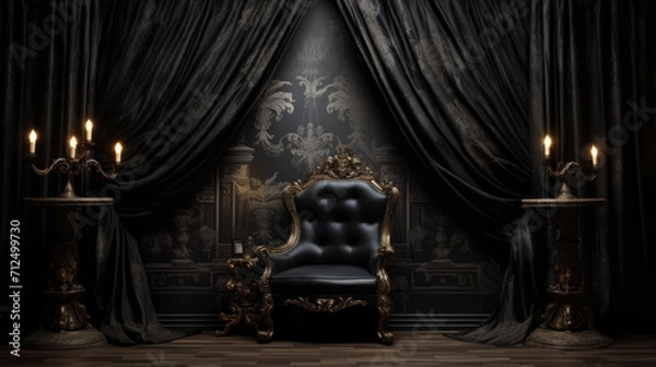 Fototapeta Dark theme photography studio backdrop with vintage chair and sofa, perfect for professional portrait and product shoots.
