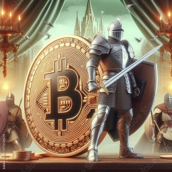 Obraz Bitcoin Medieval Warrior, bitcoin, btc, blockchain, mineração, carteira, satoshi, criptomoeda, hash, transação, nó, endereço, chave privada, chave pública, exchange, halving, faucet, fork 
