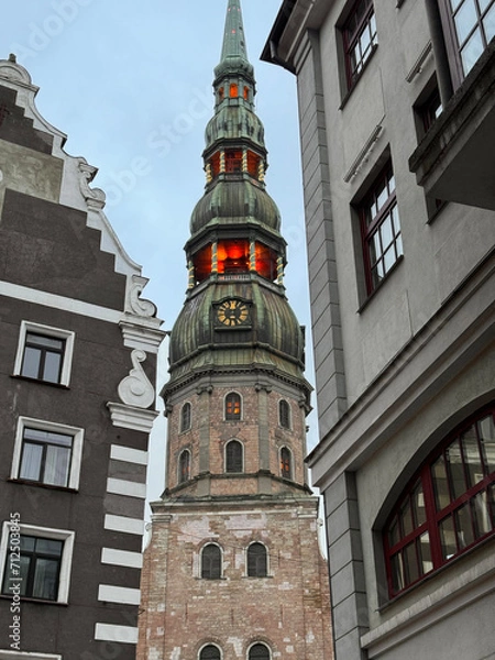Fototapeta Evangelical Lutheran Church of Latvia St. Peter's Church Dome Cathedral Baroque in Christmas winter twilight