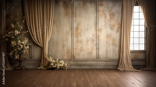Fototapeta Elegant indoor setting with a soft curtain backdrop, creating a tranquil ambiance for timeless and captivating visuals