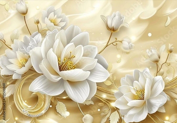 Fototapeta white flowers on a gold background, in the style of charming illustrations, 32k uhd, birds & flowers, modern jewelry, festive atmosphere, asymmetric designs.