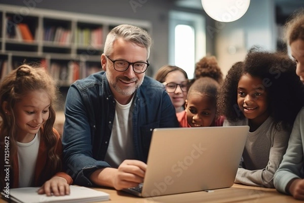 Obraz Group of children with male teacher using laptop together in modern school classroom.