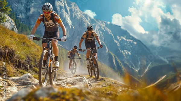 Fototapeta People on bicycles conquer mountain peaks