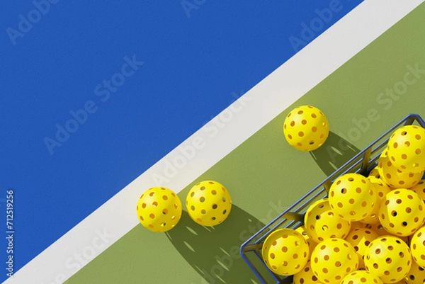 Obraz Basket of Pickleball balls on court. Top view, place for text. 3d illustration, render.