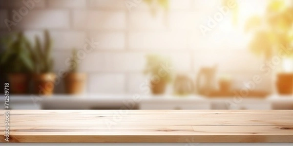 Fototapeta Blurry light background for product display with white table, wooden desk, counter, and shelf surface as backdrop. Empty wooden table top against blurred kitchen room background for food banner or