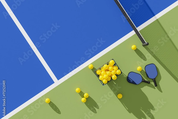 Obraz Two Pickleball paddles and basket of balls on court. Top view. 3d illustration, render.