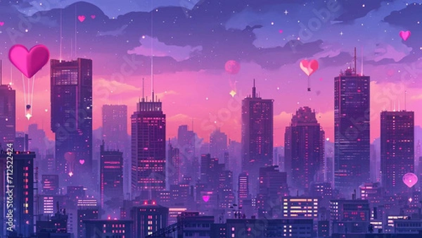 Fototapeta dreamy cityscape at dusk, with skyscrapers aglow in shades of pink and purple. Incorporate elements like heart-shaped hot air balloons and couples enjoying
