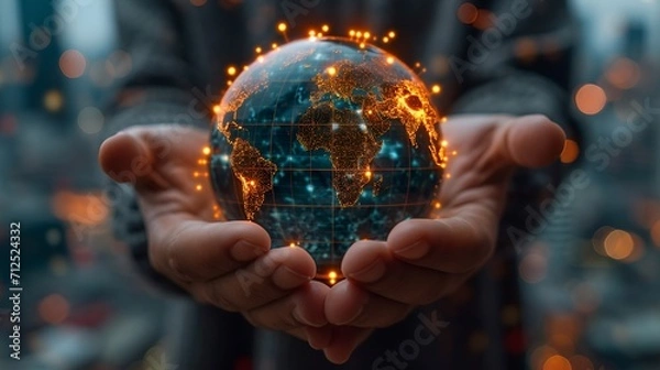 Obraz hands holding a miniature globe with lights