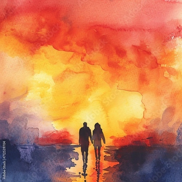 Fototapeta Romantic Sunset Silhouettes Watercolor Painting

