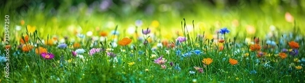 Fototapeta Grassy area with spring wild flower field background