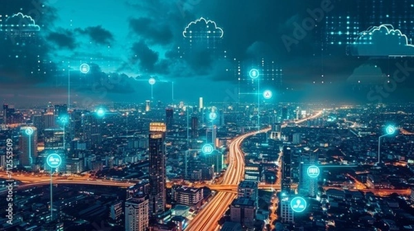 Fototapeta Smart city with 5G technology on top of which there generated by ai