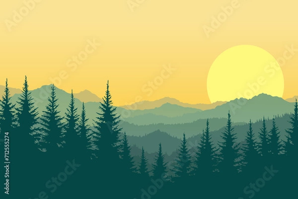 Obraz Beautiful vector landscape of forest and mountains silhouettes at sunrise or sunset. Natural landscape of mountains and wild forest in haze or fog for poster, design or print.