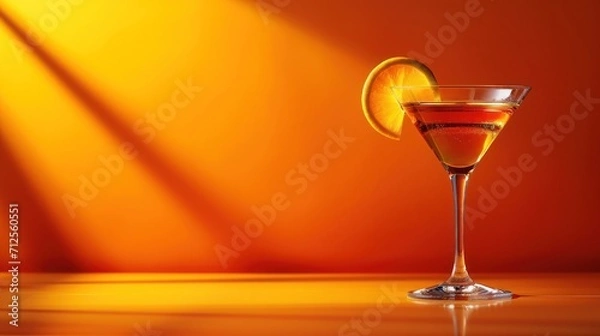 Fototapeta  a close up of a drink in a glass with a slice of lemon on the rim and a bright orange background.