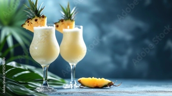 Fototapeta  a couple of glasses filled with a drink next to a slice of pineapple on top of a blue table.