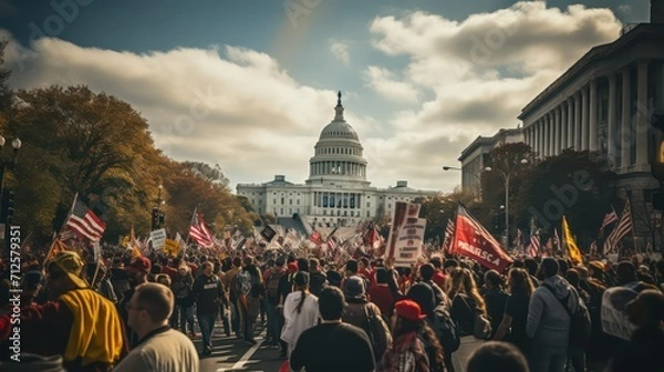 Fototapeta Crowds of protesters gather in front of the United States Capitol building
