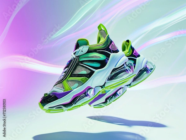 Fototapeta Y2K aesthetic abstract futuristic sneaker, floating in the air, iridescence background