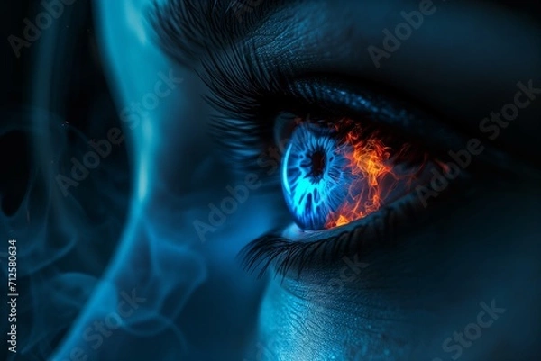 Fototapeta Woman's blue ice eye in the dark. Fire. Piercing eyes. Burning demonic eyes. Fiery Mysterious. Magic, secrecy, mysticism, visual effect. Hypnosis, power of sight. Emotion. Look. Close up. Copy space