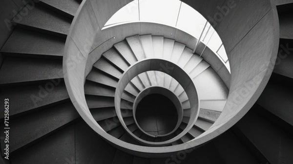Fototapeta  a black and white photo of a spiral staircase with a skylight at the top of the spiral stairs.