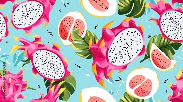Fototapeta  a close up of a fruit pattern on a blue background with pink and green leaves and a cut in half dragon fruit.