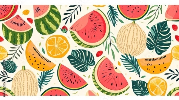 Fototapeta  a pattern of watermelon, oranges, lemons, and pineapples on a white background.