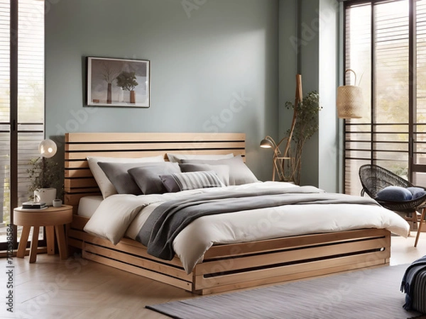 Fototapeta Comfortable bed with storage space for bedding under a slatted base in stylish room design.