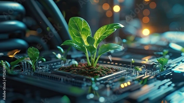 Fototapeta Green information technology. Environmentally Sustainable IT. Copy space. Green plant growing on laptop computer keyboard with green background. AI generated illustration