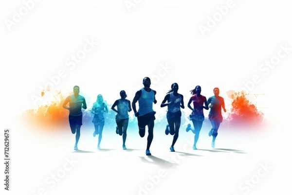 Fototapeta silhouette of a group of runners running together with splash of colors

