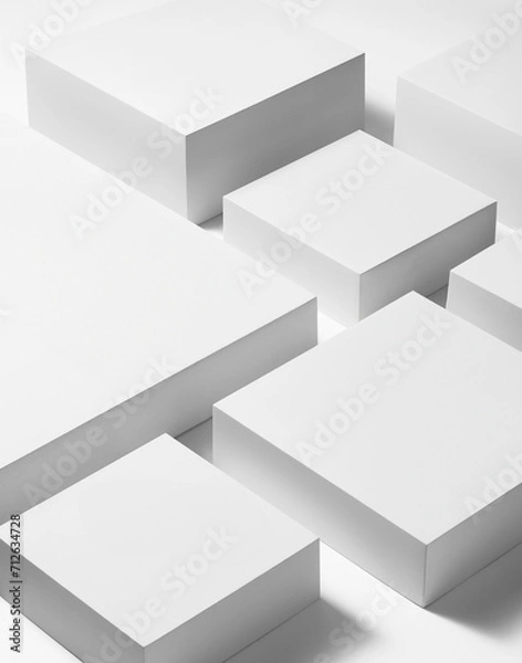 Fototapeta Gorgeous white cubes on flat surface with cast shadow, podium for products presentation, mockup. Stage for showcase. 