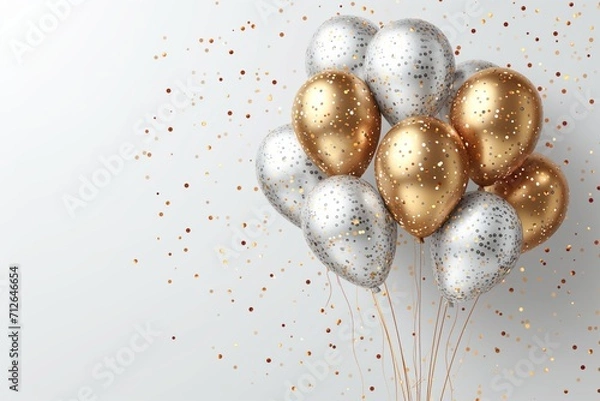 Obraz palloncini oro e argento con coriandoli dorati per festa di compleanno su sfondo bianco