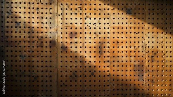 Fototapeta Large vintage peg board background with warm light lighting the old surface. 