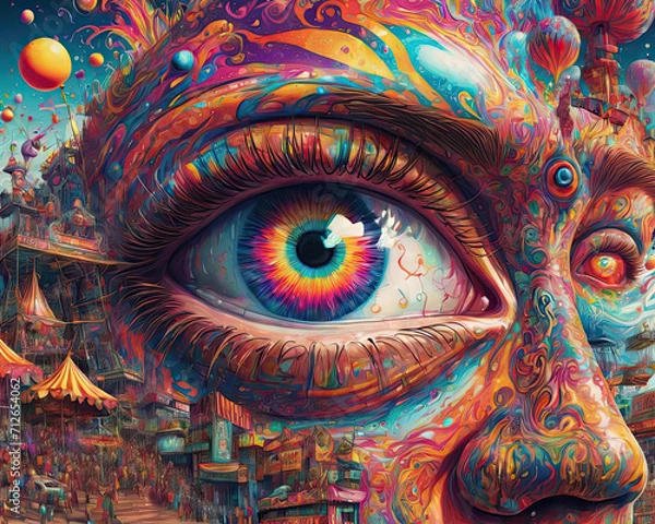 Fototapeta Psychedelic Surrealism - Close-up illustration of an eye, a monk, and surreal carnival attractions Gen AI