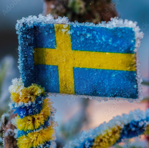 Fototapeta Swedish flag with ice and snow