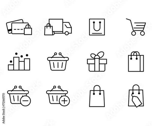 Fototapeta Vector black line icon set business commerce. Outline symbol payment and online collection investment management. Pictogram market bag and price element shop