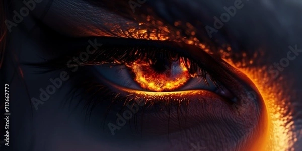 Fototapeta Woman's red eye in the dark. Piercing eyes Orange Fire. Burning demonic eyes. Vampire. Fiery Mysterious. Magic, secrecy, mysticism, visual effect. Hypnosis, power of sight. Look. Close up. Game art
