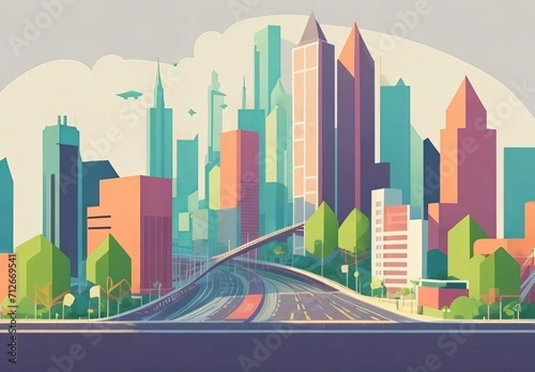 Obraz Vector illustration in simple minimal geometric flat style - city landscape with buildings, hills and trees - abstract horizontal banner and background with copy space for text - header images for web