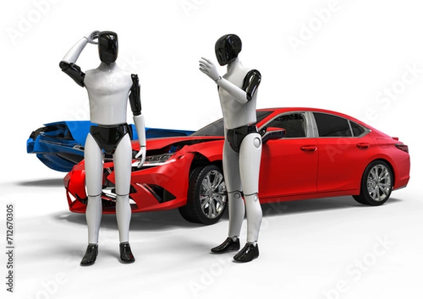 Fototapeta 3D render image representing Ai driving cars and causing a collision between them. Insurance problem with autopilot