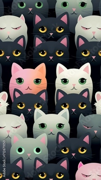 Fototapeta Wallpaper many cats face with pink eyes style AI Generated pictures