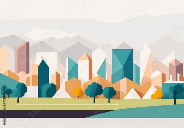 Obraz Vector illustration in simple minimal geometric flat style - city landscape with buildings, hills and trees - abstract horizontal banner and background with copy space for text - header images for web