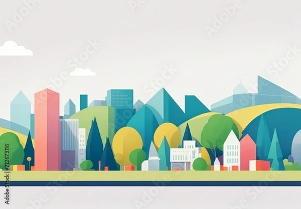 Obraz Vector illustration in simple minimal geometric flat style - city landscape with buildings, hills and trees - abstract horizontal banner and background with copy space for text - header images for web