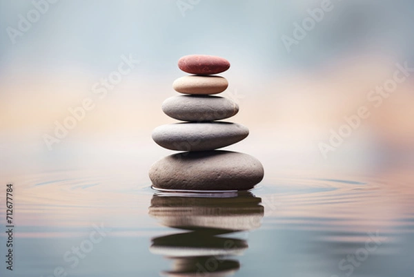 Fototapeta Zen stone stack on water with nature background for balance and harmony
